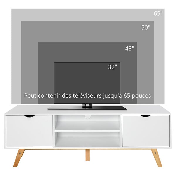 HOMCOM - Meuble TV bas sur pied style scandinave 2 portes 2 niches passe-fils panneaux particules MDF blanc bois massif hévéa - large