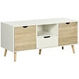 HOMCOM - Meuble TV banc TV style scandinave 2 portes tiroir niche piètement bois de pin panneaux blanc aspect chêne clair - vignette
