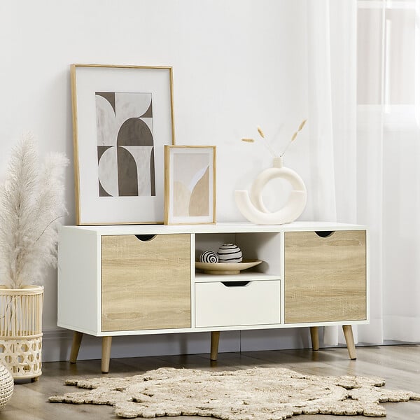 HOMCOM - Meuble TV banc TV style scandinave 2 portes tiroir niche piètement bois de pin panneaux blanc aspect chêne clair - large