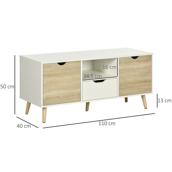 HOMCOM - Meuble TV banc TV style scandinave 2 portes tiroir niche piètement bois de pin panneaux blanc aspect chêne clair - large