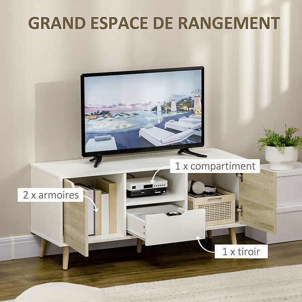 HOMCOM - Meuble TV banc TV style scandinave 2 portes tiroir niche piètement bois de pin panneaux blanc aspect chêne clair - large