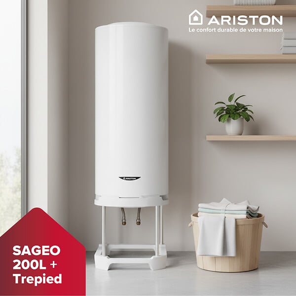 ARISTON - Pack Chauffe-eau Vertical Mural Stéatite 200L Ariston SAGEO + Trepied 4090027 + Groupe Sécurité Inox - large