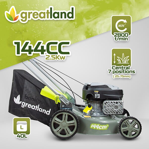 GREATLAND - Tondeuse thermique tractée 144 CC - 400mm - Bac 40 litres - large