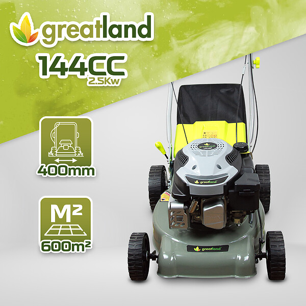 GREATLAND - Tondeuse thermique tractée 144 CC - 400mm - Bac 40 litres - large