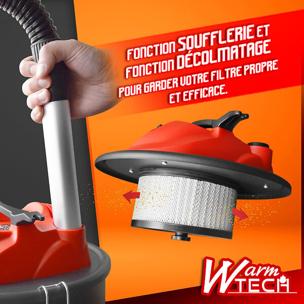 WARM TECH - Vide cendres 1200W 20L avec soufflerie, fonction décolmatage et roues - large
