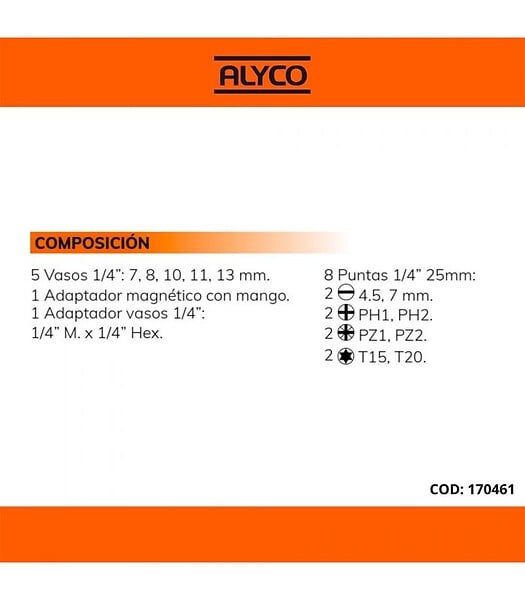 ALYCO - Set 15Pcs Adaptateur+Douilles+Embouts Alyco Orange Alyco 170461 - large