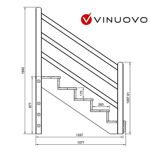 VINUOVO - Escalier extérieur VENEZIA Rambarde à droite - 5 marches H88cm L-120cm avec contremarches - large