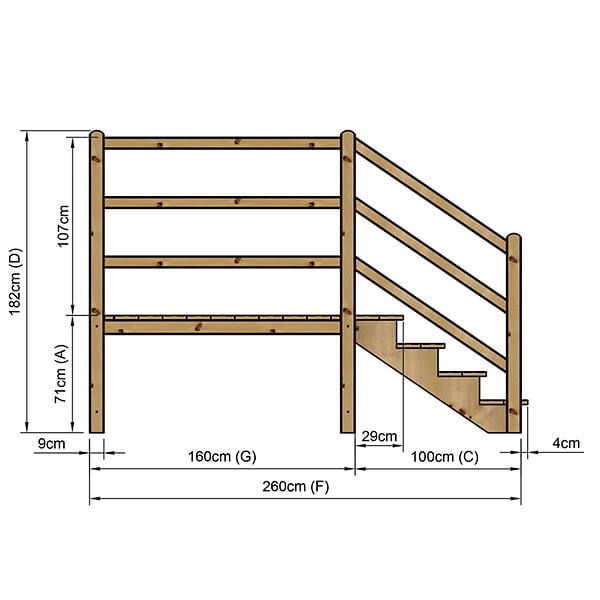VINUOVO - MILANO - Escalier en bois 4 marches H71 cm - sans contre-marche - Palier L120 x P189 cm - Rambardes escalier et palier des 2 côtés - large