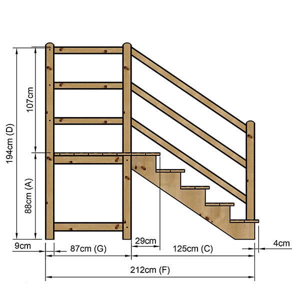 VINUOVO - MILANO - Escalier en bois 5 marches H88 cm - sans contre-marche - Palier L120 x P116 cm - Escalier rambarde droite, palier droite et face - large