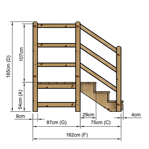 VINUOVO - MILANO - Escalier en bois 3 marches H54 cm - avec contre-marches - Palier L120 x P116 cm - Rambarde escalier 2 côtés, palier gauche et en face - large