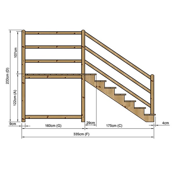 VINUOVO - MILANO - Escalier en bois 7 marches H122 cm - sans contre-marche - Palier L120 x P189 cm - Escalier rambarde droite, palier droite et face - large