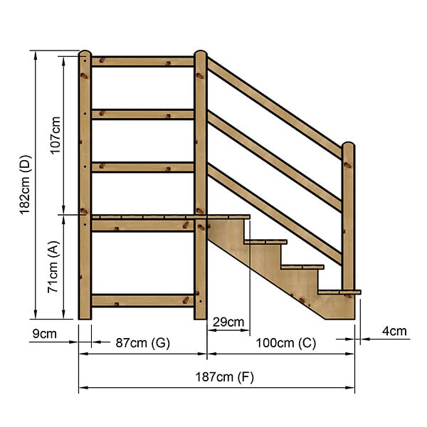 VINUOVO - MILANO - Escalier en bois 4 marches H71 cm - sans contre-marche - Palier L120 x P116 cm - Escalier rambarde droite, palier droite et face - large