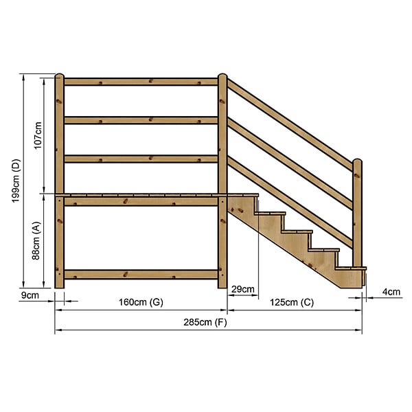 VINUOVO - MILANO - Escalier en bois 5 marches H88 cm - avec contre-marches - Palier L120 x P189 cm - Rambardes escalier et palier à droite - large