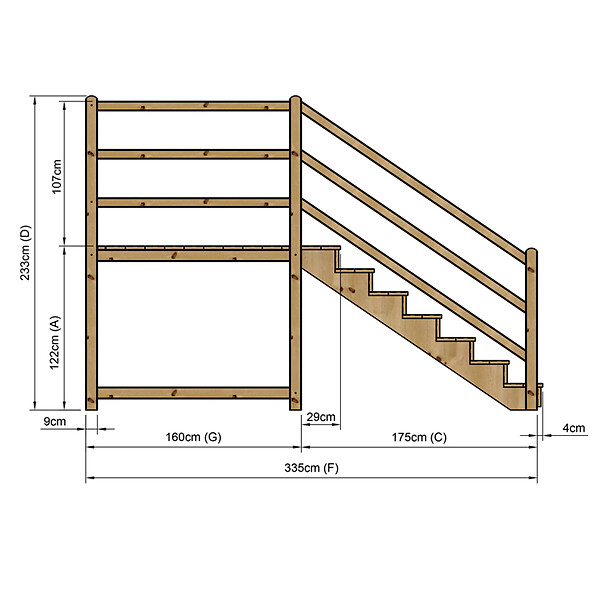 VINUOVO - MILANO - Escalier en bois 7 marches H122 cm - avec contre-marches - Palier L120 x P189 cm - Escalier rambardes des 2 côtés,Palier à droite et en face - large
