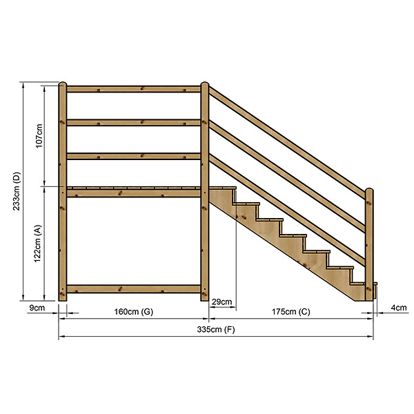 VINUOVO - MILANO - Escalier en bois 7 marches H122 cm - avec contre-marches - Palier L120 x P189 cm - Rambarde escalier et palier à gauche - large