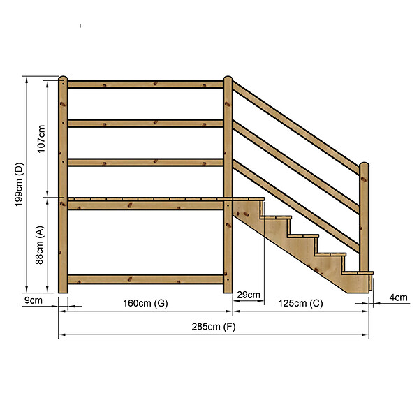 VINUOVO - MILANO - Escalier en bois 5 marches H88 cm - avec contre-marches - Palier L120 x P189 cm - Escalier rambarde droite, palier droite et face - large