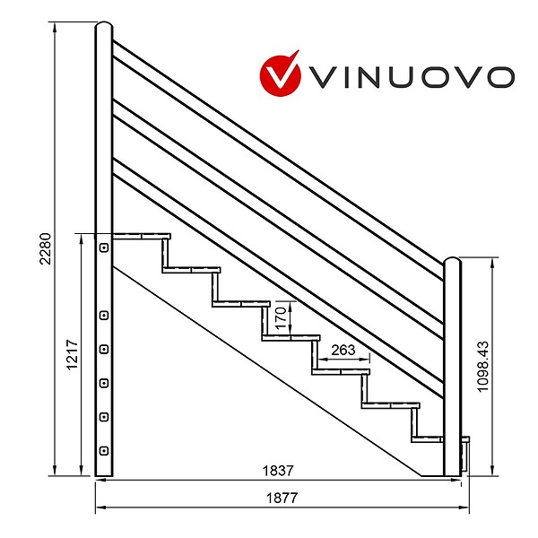 VINUOVO - Escalier extérieur VENEZIA Rambarde à droite - 7 marches H122cm L-120cm sans contremarche - large