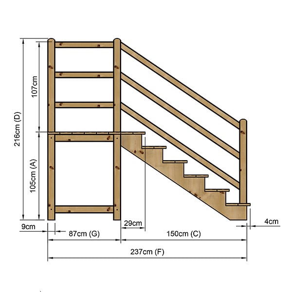 VINUOVO - MILANO - Escalier en bois 6 marches H105 cm - sans contre-marche - Palier L120 x P116 cm - Rambardes escalier et palier à droite - large