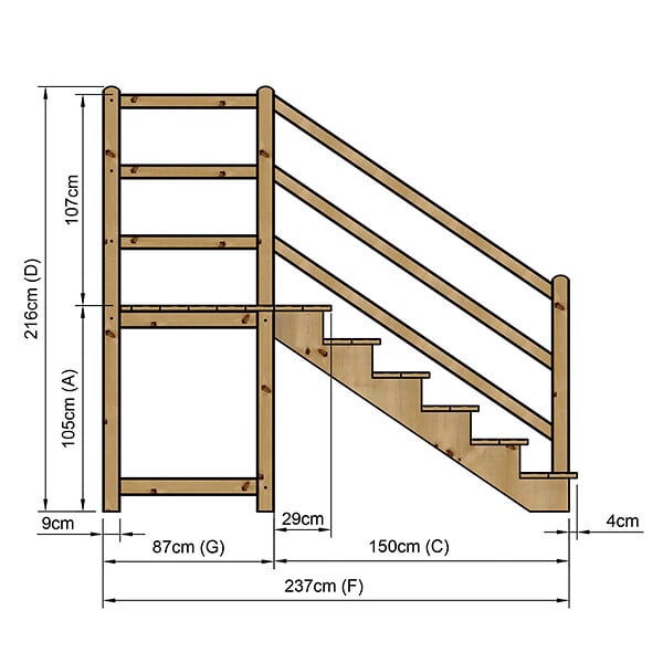 VINUOVO - MILANO - Escalier en bois 6 marches H105 cm - sans contre-marche - Palier L120 x P116 cm - Escalier rambarde droite, palier droite et face - large