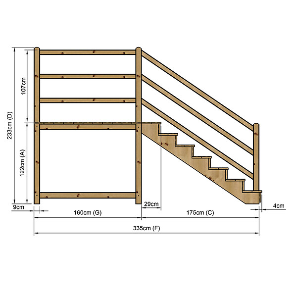 VINUOVO - MILANO - Escalier en bois 7 marches H122 cm - avec contre-marches - Palier L120 x P189 cm - Rambardes escalier et palier à droite - large
