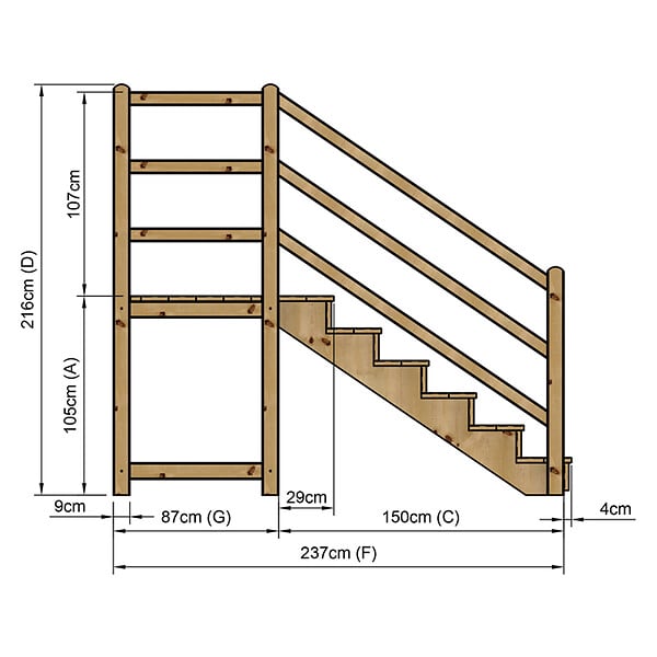VINUOVO - MILANO - Escalier en bois 6 marches H105 cm - avec contre-marches - Palier L120 x P116 cm - Rambarde escalier et palier à gauche - large