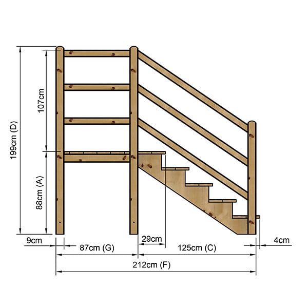 VINUOVO - MILANO - Escalier en bois 5 marches H88 cm - sans contre-marche - Palier L120 x P116 cm - Rambardes escalier et palier des 2 côtés - large