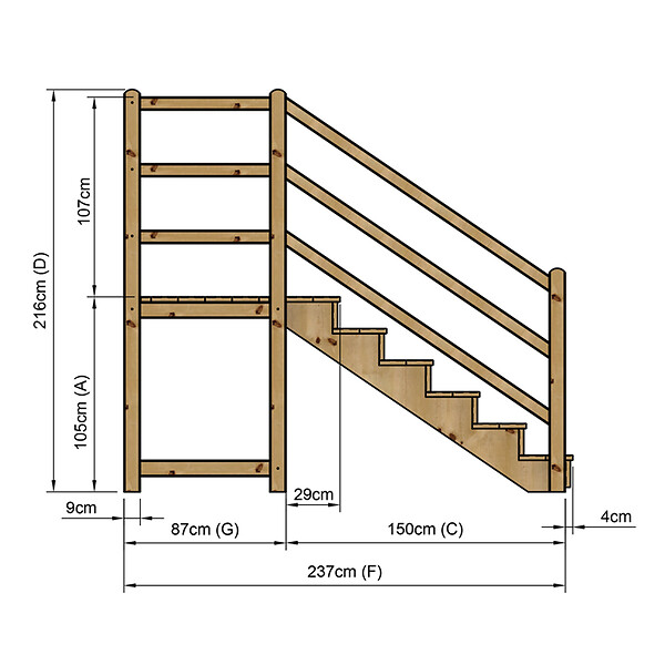 VINUOVO - MILANO - Escalier en bois 6 marches H105 cm - avec contre-marches - Palier L120 x P116 cm - Escalier rambardes des 2 côtés,Palier à droite et en face - large