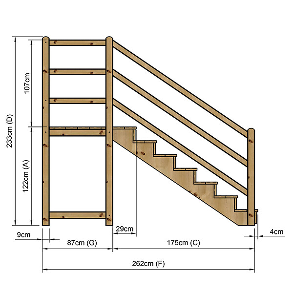 VINUOVO - MILANO - Escalier en bois 7 marches H122 cm - avec contre-marches - Palier L120 x P116 cm - Rambarde escalier gauche, palier gauche et en face - large