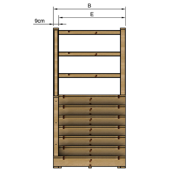 VINUOVO - MILANO - Escalier en bois 7 marches H122 cm - avec contre-marches - Palier L120 x P116 cm - Rambarde escalier gauche, palier gauche et en face - large