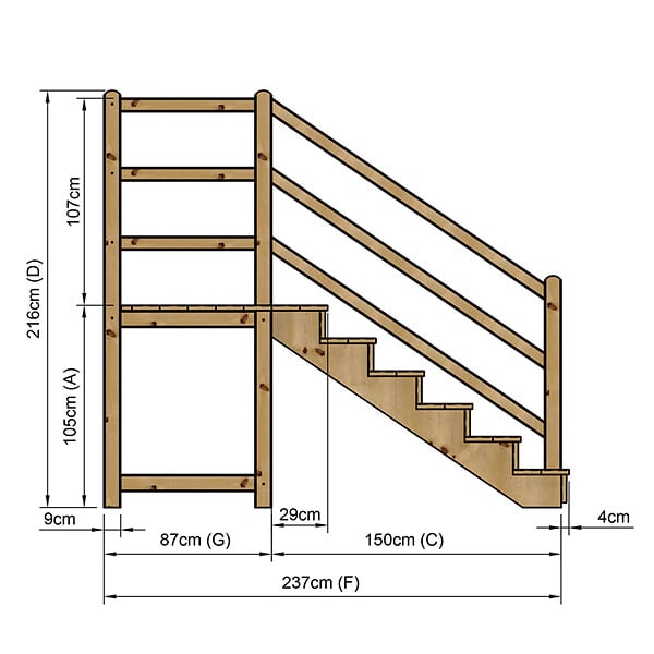 VINUOVO - MILANO - Escalier en bois 6 marches H105 cm - avec contre-marches - Palier L120 x P116 cm - Escalier rambarde droite, palier droite et face - large
