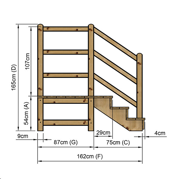 VINUOVO - MILANO - Escalier en bois 3 marches H54 cm - avec contre-marches - Palier L120 x P116 cm - Rambardes escalier et palier à droite - large