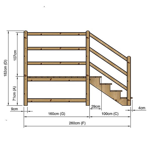 VINUOVO - MILANO - Escalier en bois 4 marches H71 cm - sans contre-marche - Palier L120 x P189 cm - Escalier rambardes des 2 côtés,Palier à droite et en face - large