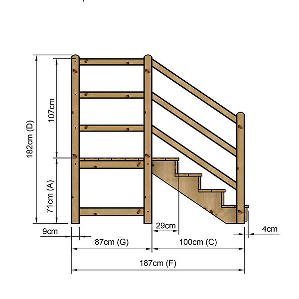 VINUOVO - MILANO - Escalier en bois 4 marches H71 cm - avec contre-marches - Palier L120 x P116 cm - Rambarde escalier 2 côtés, palier gauche et en face - large