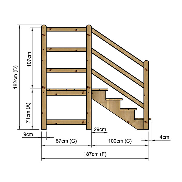 VINUOVO - MILANO - Escalier en bois 4 marches H71 cm - sans contre-marche - Palier L120 x P116 cm - Rambarde escalier 2 côtés, palier gauche et en face - large
