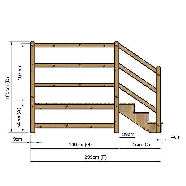 VINUOVO - MILANO - Escalier en bois 3 marches H54 cm - avec contre-marches - Palier L120 x P189 cm - Rambarde escalier gauche, palier gauche et en face - large