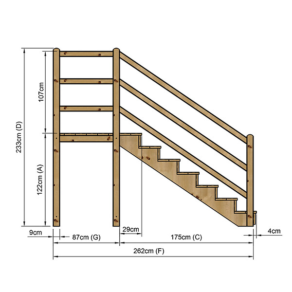 VINUOVO - MILANO - Escalier en bois 7 marches H122 cm - avec contre-marches - Palier L120 x P116 cm - Rambardes escalier et palier des 2 côtés - large