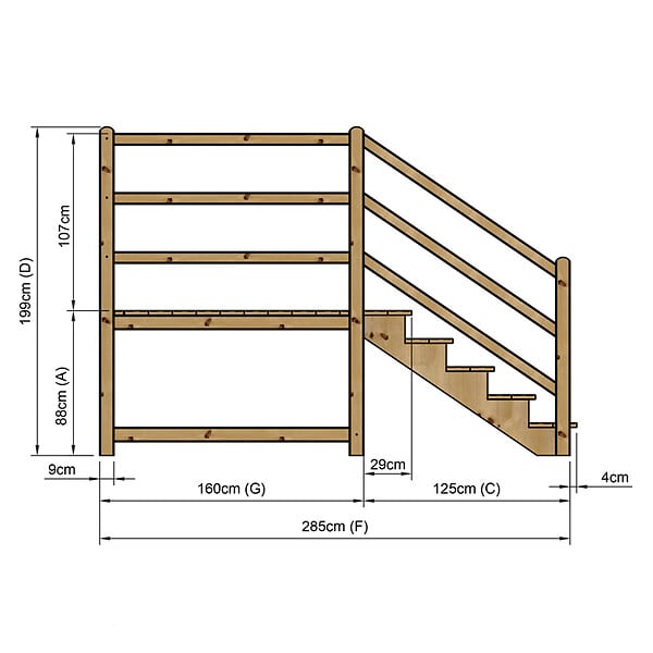 VINUOVO - MILANO - Escalier en bois 5 marches H88 cm - sans contre-marche - Palier L120 x P189 cm - Escalier rambardes des 2 côtés,Palier à droite et en face - large