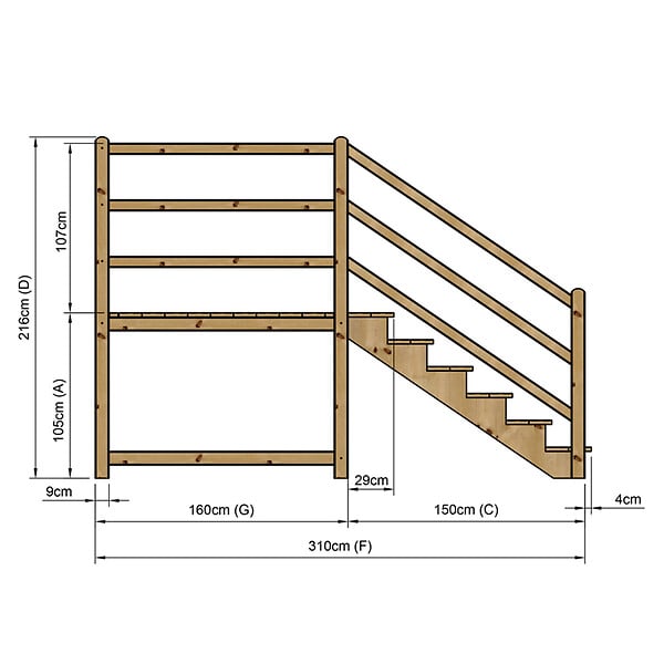 VINUOVO - MILANO - Escalier en bois 6 marches H105 cm - sans contre-marche - Palier L120 x P189 cm - Rambarde escalier 2 côtés, palier gauche et en face - large