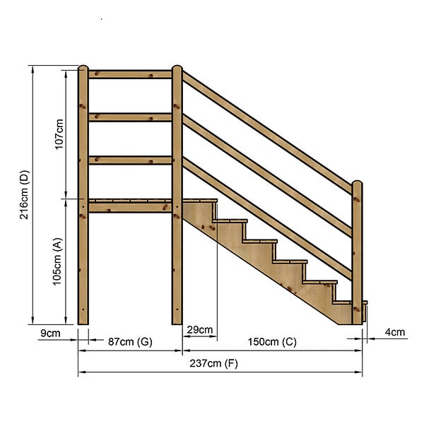 VINUOVO - MILANO - Escalier en bois 6 marches H105 cm - avec contre-marches - Palier L120 x P116 cm - Rambardes escalier et palier des 2 côtés - large