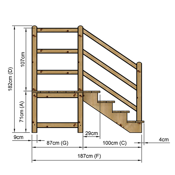 VINUOVO - MILANO - Escalier en bois 4 marches H71 cm - sans contre-marche - Palier L120 x P116 cm - Rambardes escalier et palier à droite - large