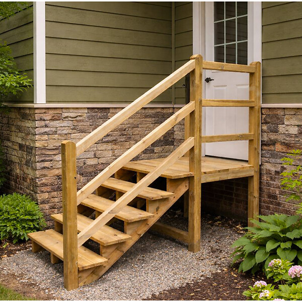 VINUOVO - MILANO - Escalier en bois 4 marches H71 cm - sans contre-marche - Palier L120 x P116 cm - Rambardes escalier et palier à droite - large