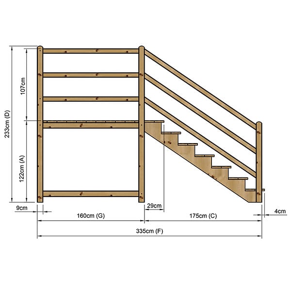 VINUOVO - MILANO - Escalier en bois 7 marches H122 cm - sans contre-marche - Palier L120 x P189 cm - Rambarde escalier 2 côtés, palier gauche et en face - large