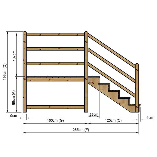 VINUOVO - MILANO - Escalier en bois 5 marches H88 cm - avec contre-marches - Palier L120 x P189 cm - Escalier rambardes des 2 côtés,Palier à droite et en face - large