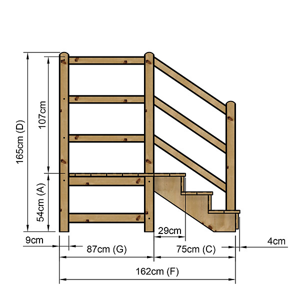 VINUOVO - MILANO - Escalier en bois 3 marches H54 cm - avec contre-marches - Palier L120 x P116 cm - Escalier rambarde droite, palier droite et face - large