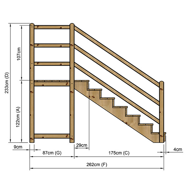 VINUOVO - MILANO - Escalier en bois 7 marches H122 cm - avec contre-marches - Palier L120 x P116 cm - Rambarde escalier 2 côtés, palier gauche et en face - large