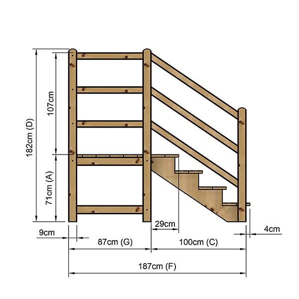 VINUOVO - MILANO - Escalier en bois 4 marches H71 cm - sans contre-marche - Palier L120 x P116 cm - Rambarde escalier gauche, palier gauche et en face - large