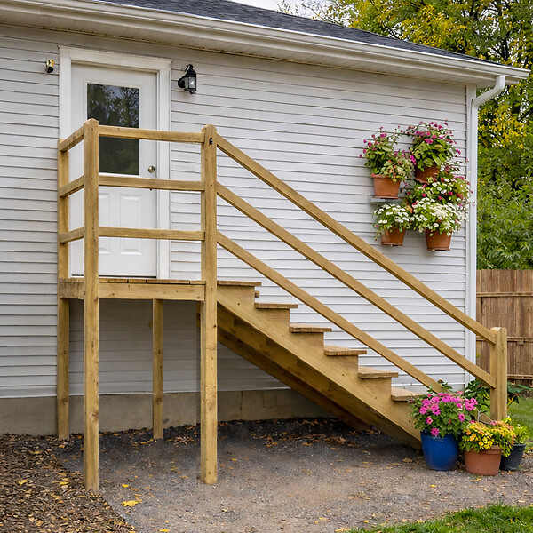 VINUOVO - MILANO - Escalier en bois 4 marches H71 cm - sans contre-marche - Palier L120 x P116 cm - Rambarde escalier gauche, palier gauche et en face - large