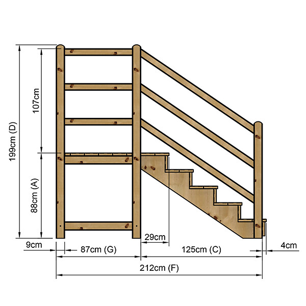 VINUOVO - MILANO - Escalier en bois 5 marches H88 cm - avec contre-marches - Palier L120 x P116 cm - Rambarde escalier et palier à gauche - large