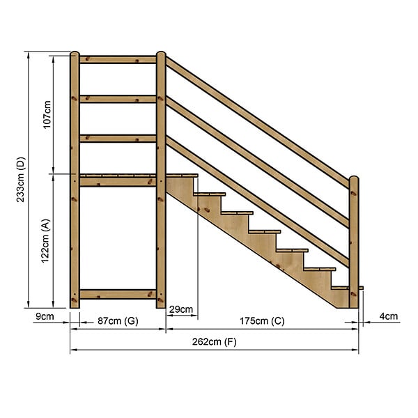 VINUOVO - MILANO - Escalier en bois 7 marches H122 cm - sans contre-marche - Palier L120 x P116 cm - Rambarde escalier et palier à gauche - large
