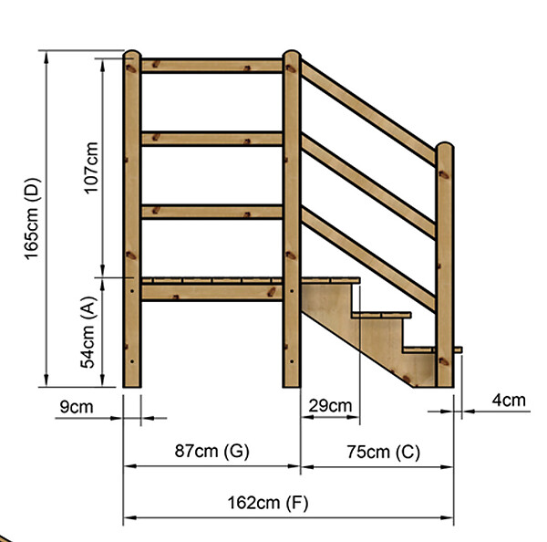VINUOVO - MILANO - Escalier en bois 3 marches H54 cm - sans contre-marche - Palier L120 x P116 cm - Rambardes escalier et palier des 2 côtés - large